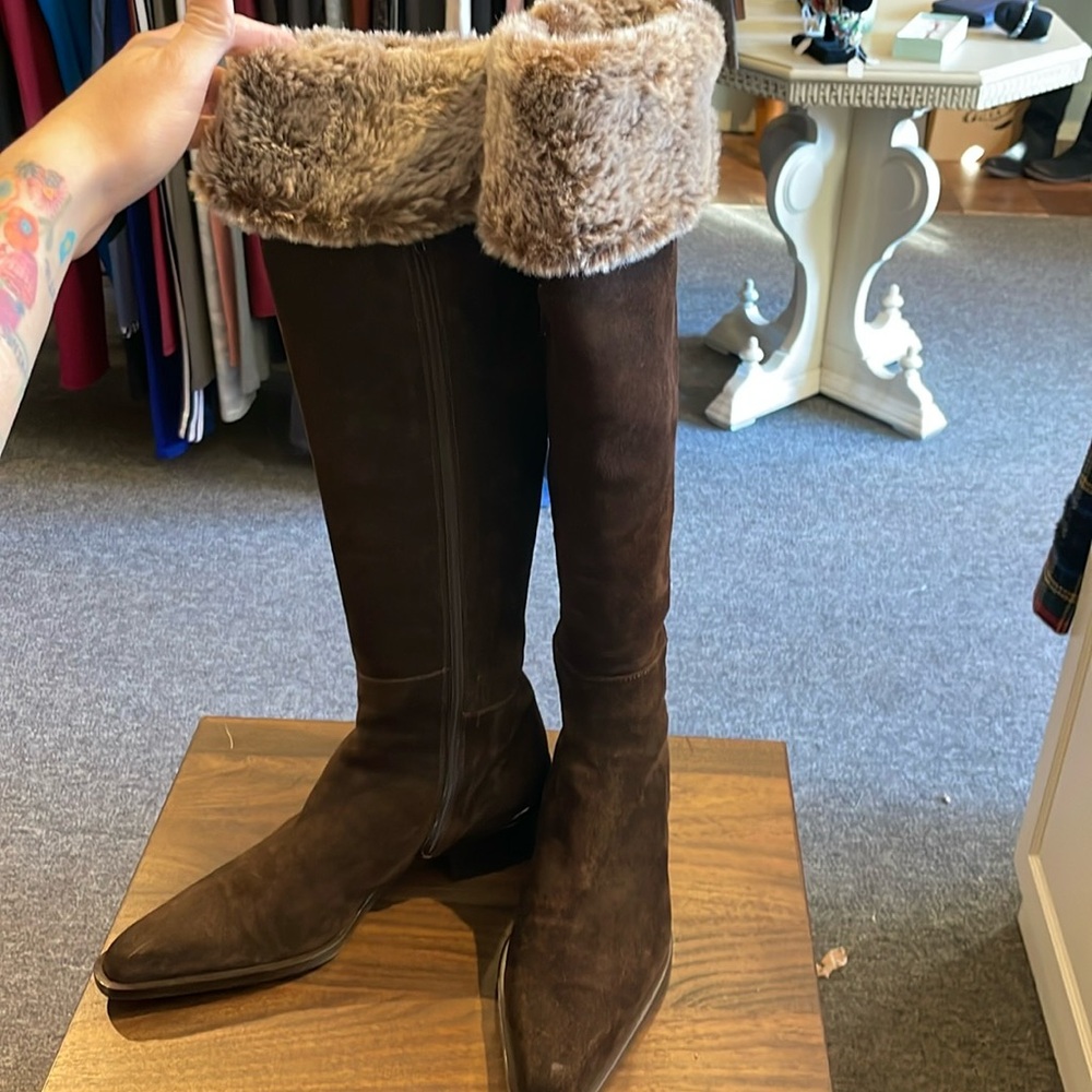 Aquatalia Italian Chocolate Suede tall boots with fur rare - Picture 5 of 8